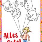 "Alles Gute!" in roter Schrift. Ein Kind hält Ballons in Tierformen. Bunter Rahmen um das Bild.