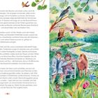 Text spricht über das Wiederaufleben der Natur mit Vögeln, Tieren und Pflanzen. Illustrationen zeigen Kinder, Tiere und Landschaften.
