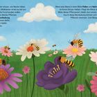 Links und rechts sind Texte über Bienenforschung und Bestäubung. Darunter blühende Blumenwiese mit Bienen.