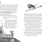 Text über ein Abenteuer in einem orangen Kürbishaus. Illustration mit Katze auf Besen, Kürbishaus, Zaun und Bäumen.
