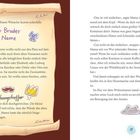 Links: Text über Omas, Opas, eine Prinzessin und Schrei. Rechts: Bunte Illustration mit Torte, Menschen und Dekorationen.