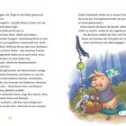 Auf der rechten Seite ein fröhliches Schwein und eine Katze mit einem Picknickkorb, einer Postkarte und einem Vogel auf einem Baum.