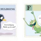 Links: "Schnack, schnack, schnack." und "Entschuldigung. Rede ich zu viel?" Rechts: Frosch springt, "Im Gegenteil! Ich bin voll froh..."