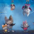 Text beschreibt Fledermäuse und Regen. Illustration zeigt fröhliche Fledermäuse in bunter Kleidung in einer Höhle.