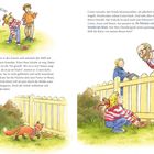 Links: Eine Geschichte über Conni, Simon, Anna, einen Fuchs, einen verlorenen Schuh. Rechts: Ein Zaun, Conni, Polizistin, Herr Oswald.