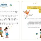 "Wenn du fröhlich bist ... Kinderlied." Partitur und Text des Liedes. Illustration von Kindern, die singen und klatschen.