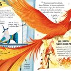 Titel: "Fawkes". Phoenix-Fakten, Dumbledore-Beschützer, Lieder mit betörender Wirkung. Illustration eines großen, roten Phönix.