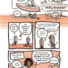 "KRACH!!", "WRUMMMMM!", "Bin schon da!", "Gut abgetaucht", "Zehn Minuten vorher", "Rakete gebaut!" Illustration zeigt humorvollen Unfall.
