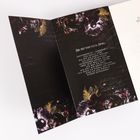 „Sie ist das neue Spiel. Unvorbereitet, unberührt...“ Dunkler Hintergrund mit Blumenmuster in violett und gold.