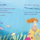 Der Text erzählt von Mara, die etwas Seltsames hört. Illustration: Unterwasserszene mit Mara und Meereslebewesen.