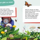 "Unkraut gibt es nicht!" Text erklärt Nutzen von Pflanzen und Insekten. Illustration mit Kind, Lupe, Pflanzen, Tieren.