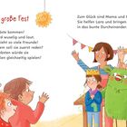 „Das große Fest“ in roter Schrift. Links Kinder, rechts Eltern bei einer Feier mit Kuchen und Girlanden.