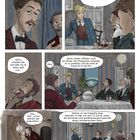 Comicseite mit fünf Szenen: Gespräch über die Existenz körperlicher Dimensionen bei einem festlichen Abendessen.