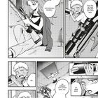 Eine Manga-Seite zeigt Figuren mit Gewehren. Texte: „Noch eine Stunde. Aufmerksam bleiben." und „Das Ziel ist wie geplant auf dem Weg.“