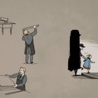 Illustration: Drei Männer arbeiten mit Holz, einer zeigt Plan an. Mann führt ein kleines Mädchen in einen hellen Bereich.