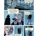 Eine zeichnerische Szene zeigt eine blonde Person am Handy. Sie wirkt besorgt, da jemand sie verfolgt.