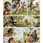 Ein muskulöser Mann sagt kämpferisch: "Oder ist heute der Tag, an dem ich dich besiege?" Comic-Stil, Waldhintergrund.