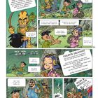 Eine Comic-Seite mit mehreren Panels. 

**Textinhalte:**

1. "PARHAVI: Kommt aus den indonesischen..."
2. "Verzeiung der Herr!"
3. "Versteht er mich? Welche Sprache..."
4. "Freut mich, dass jemand in meinem..."
5. "Begleitest du jemanden?"
6. "Motoren V1 und V2, los!"
7. "Geh in Deckung."
8. "VIOLETTE DELACOURT: Das Engelsgesicht ist..."
9. "Hier lang! Es geht da hinten los."
10. "HEY! WARTET!"
11. "BRING BACK LIVE" ... "Bloody hell!"

**Visuelle Inhalte:**

- Charaktere in einem Dschungel.
- Drohnen im Anflug.
- Verschiedene Personen in typischer Abenteurerbekleidung.