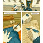 Oben: „... und lernte von geduldigen, polnisch sprechenden Holzflößern,...“  
Unten links: „... wie man Angelschnüre dreht,...“  
Unten rechts: „... Bleifische gießt,...“

Die Illustration zeigt eine Szene vor einem Gebäude mit wartenden Menschen, zwei Zeichnungen von Händen beim Arbeiten.