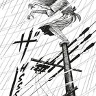 „Hsss“ erscheint, Regen prasselt. Eine geisterhafte Figur mit wildem Haar steht auf einem Strommast.