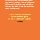 Oranger Hintergrund mit weißem und gelbem Text. Zitat von Ilma Rakusa zu einem eindrucksvollen Werk. Zsolnay.at.