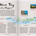 "Mein Tag an den Klippen", gefolgt von Uhrzeiten: 10 Uhr Empfang, 11 Uhr Badestopp, 13.30 Uhr Rast, 15 Uhr Rückweg, 18 Uhr Abkühlung. Eine Karte zeigt eine Küstenwanderung.