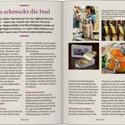 "So schmeckt die Insel" und weitere Titel beschreiben Fischspezialitäten von der Insel Rügen, einschließlich Gerichte und lokale Produkte. Rechts sind Bilder von Lebensmitteln wie Craft Beer, Räucherfisch, Sardinen und Sanddorngelee.