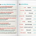 Links: "5 Sätze vor der Abreise lernen." Rechts: "10 x oft zu hören." Dialoge und französische Übersetzungen.