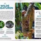 "WILDE KREATUREN" in blau. Beschreibt Costa Ricas Tierwelt, zeigt ein Faultier am Baum und zwei runde Bilder von Tieren.