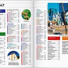 Inhalt mit Kategorien: Reiseplanung, Reiseziele, Praktisches, Storybook. Enthält Farbkodierungen für verschiedene Abschnitte.