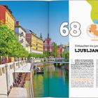 Zahl "68", Text: "Eintauchen ins junge LJUBLJANA". Bunte Häuser, Fluss mit grünen Bäumen, Karte von Slowenien oben rechts.