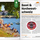 "Basel & Nordwestschweiz: Kultur, hübsche Dörfer und Dreiländereck. Oben: Rheinufer Basel; rechts: Rathaus Basel."  
Menschen entspannen am sonnigen Rheinufer, Boote schwimmen, und eine historische Brücke ist im Hintergrund.
