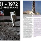 1961-1972 Apollo-Programme. Ein Astronaut steht auf dem Mond neben einer Flagge. Rechts ein Raketenstart.