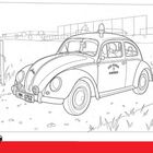 Gemälde: Ein VW Käfer mit der Aufschrift „FREIW. FEUERWEHR MEMMINGEN“ fährt auf einer ländlichen Straße.