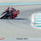 Kalender Oktober 2027, Rennfahrer neigt sich in Kurve, Rennstrecke sichtbar. Links Logos "MOTORRAD" und "PS".