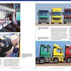 Texte über verschiedene Kabinenmodelle der "Schweren Klasse Neu". Vier bunte Lastwagen stehen nebeneinander.