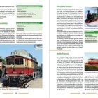 Texte: Arbeitsgemeinschaft Geesthachter Eisenbahn e. V., Buxtehude-Harsefelder Eisenbahnfreunde e. V., Kleinbahn Deinste, Heide-Express.  
Links: Historischer roter Zug auf einem Gleis. Rechts: Foto eines grünen Zuges im Schnee; rote Lokomotive auf Gras.