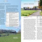 Zwickau–Annaberg-Buchholz und Leipzig–Dresden sind die Titel. Zug auf ländlicher Strecke, Landschaft mit Viadukt.