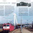 Seite 36: LUDWIGSHAFEN (RHEINL) HBF; historische und moderne Bahnhofsbilder; roter Zug mit DB-Logo, Gleise, Strommasten und Brücke.