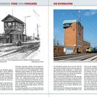 "2. Exkurs: Ebenerdig, Turm oder Container" und "Die Hochbauten" überschreiben zwei nebeneinanderliegende Abschnitte. Links eine Zeichnung eines alten Stellwerks, rechts ein Foto eines modernen Stellwerksgebäudes neben Gleisen.