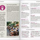 **Seite 90**: "Im Freien genießen" beschreibt das Leben in Sevilla. Ein Foto zeigt Menschen, die draußen an einem Tisch Essen genießen.