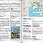 Eine Doppelseite eines Reiseführers mit Informationen zu Philippi und Kavála, inkl. Karten, Bildern und Restauranttipps.