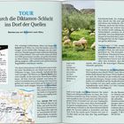Seite 194-195. Titel: "Tour durch die Díktamos-Schlucht ins Dorf der Quellen". Infos über Startpunkt und Gehzeit. Bild mit Schafen auf grüner Wiese. Karte unten links.