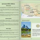 Linke Seite: Text über Sehenswürdigkeiten und Routen in Alberta. Rechte Seite: Karte, Foto von Calgary und "Aktiv"-Tipps.