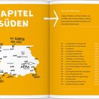 3. Kapitel im Süden. Liste von Orten mit Seitenzahlen, Karte mit Nummern. Text: „Aktiv entschleunigen“.