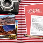 "Editorial. Hallo Rätsel- und Reisefans! Kommt mit auf eine Rätselreise...". Kamera, Postkarten mit Landschaften, Streifenhintergrund.