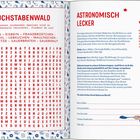 "Buchstabenwald" links zeigt ein Suchrätsel mit Speisen. Rechts "Astronomisch lecker" beschreibt Gourmet-Erfahrungen und ein Rätsel.