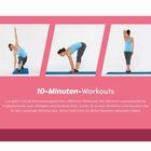 "10-Minuten-Workouts" steht in weißer Schrift über Fotos einer Frau auf einer Matte in verschiedenen Yoga-Posen.