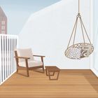 Illustration einer Terrasse mit Holzfußboden, weißem Stuhl, kleinem Tisch und hängendem Korbsessel mit zwei Kissen.