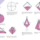 „TULPE“: Anleitung zum Falten mit Diagrammen und Faltschritten für eine origamiartige Tulpe, violett gefärbt.